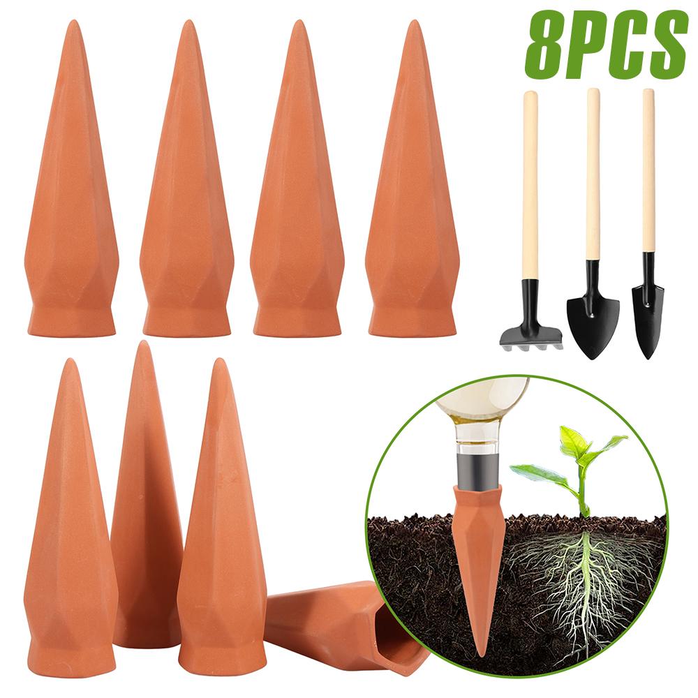 8Pcs Self Watering Stakes Red Clay Plant Watering Devices with Digging Tools Insert Indoor Automatic Mini Irrigation System