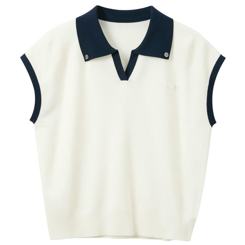 Sancai 2026 Summer Color Block Lapel Short Sleeve Knit Top XL