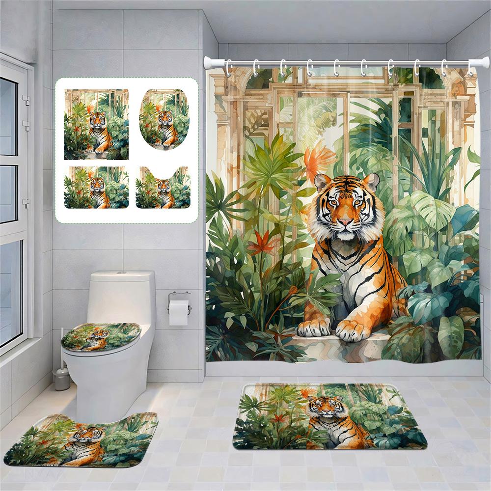 Animal Theme Printed Shower Curtain Suit Polyester Moisture-Proof Bathroom Curtain Bathroom Accessories Non-Slip Floor Mat