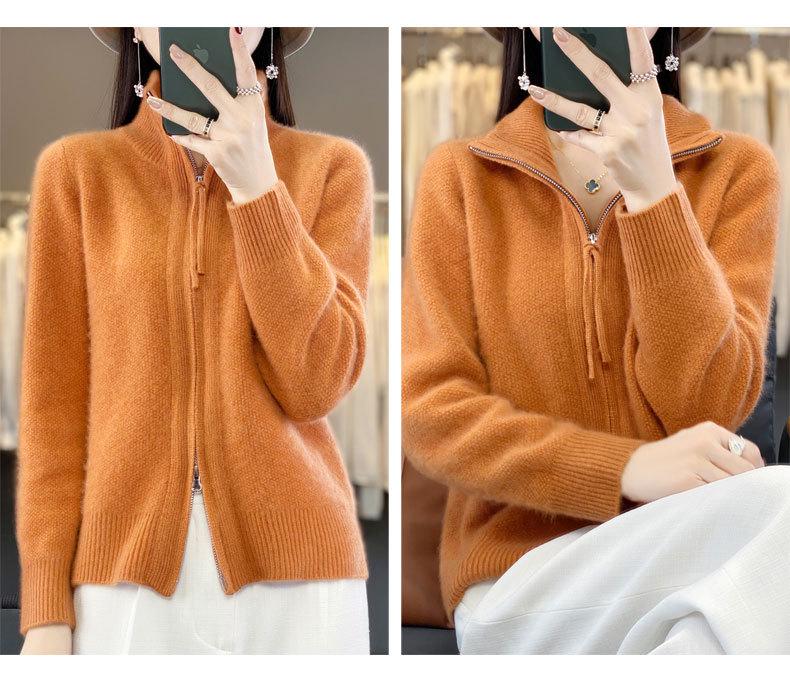 Women's Wool Double Zipper High Collar Cardigan - Long Sleeve, Loose Fit, Solid Color.