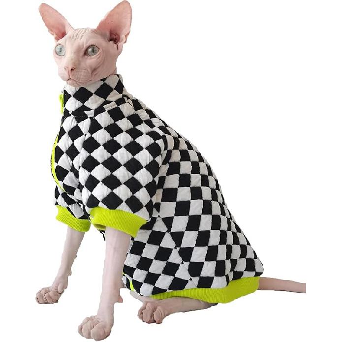 

Кошачья зимняя одежда, Куртка для кошки сфинкса, Черно-белая клетка, Хлопок и полиэстер, Большой размер, Унисекс, Комбинезоны X-Large