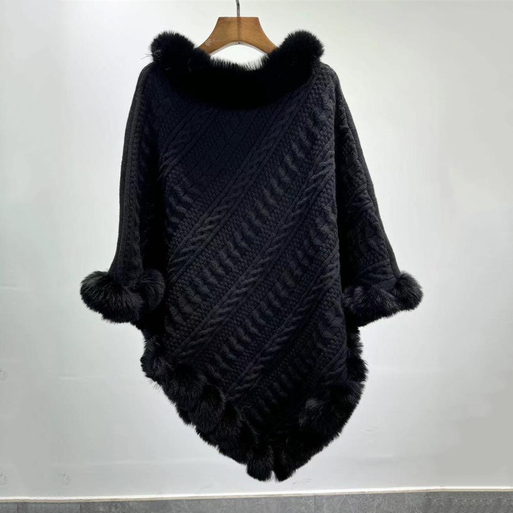 Plus Size Women's Knitted Pullover Shawl with Faux Rabbit Fur Collar - European & American Autumn/Winter Collection
