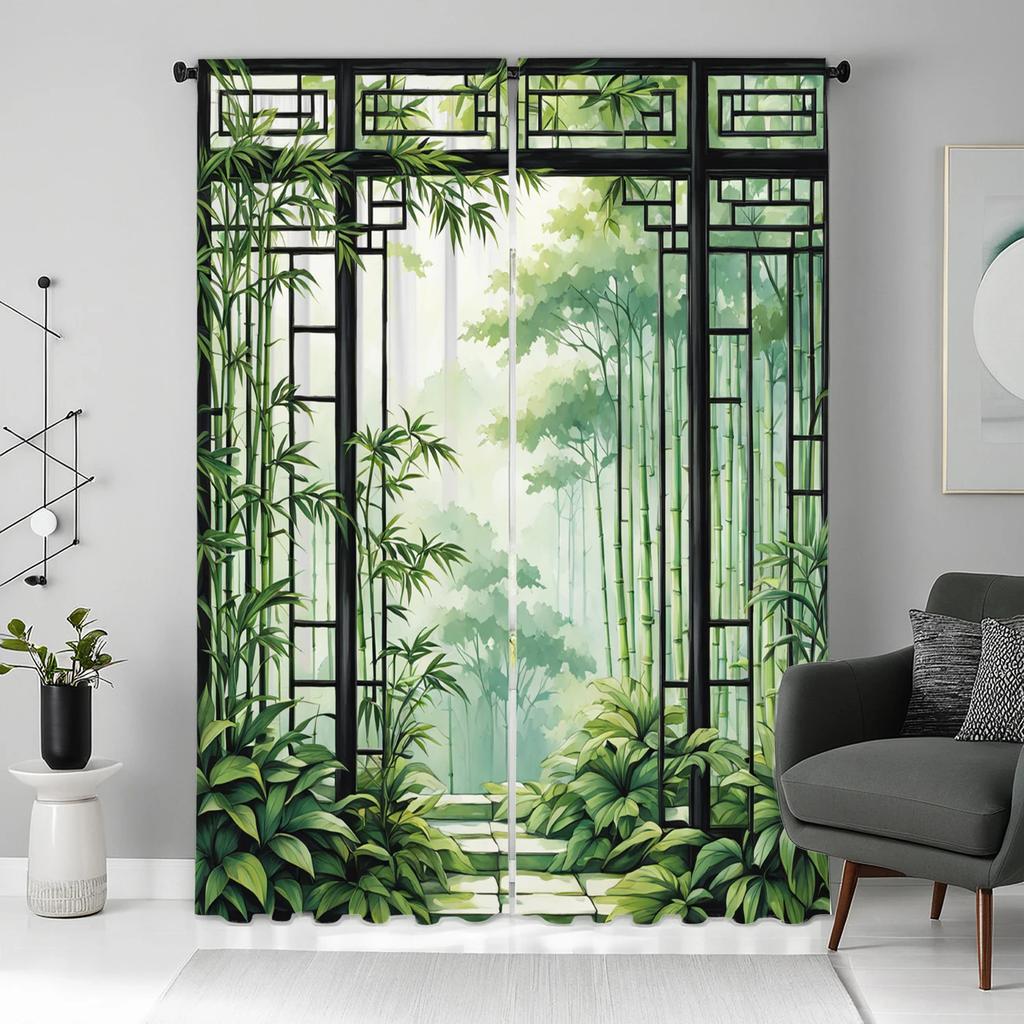 3D green bamboo - Printed curtains, pole bag curtains, home decoration, room decoration