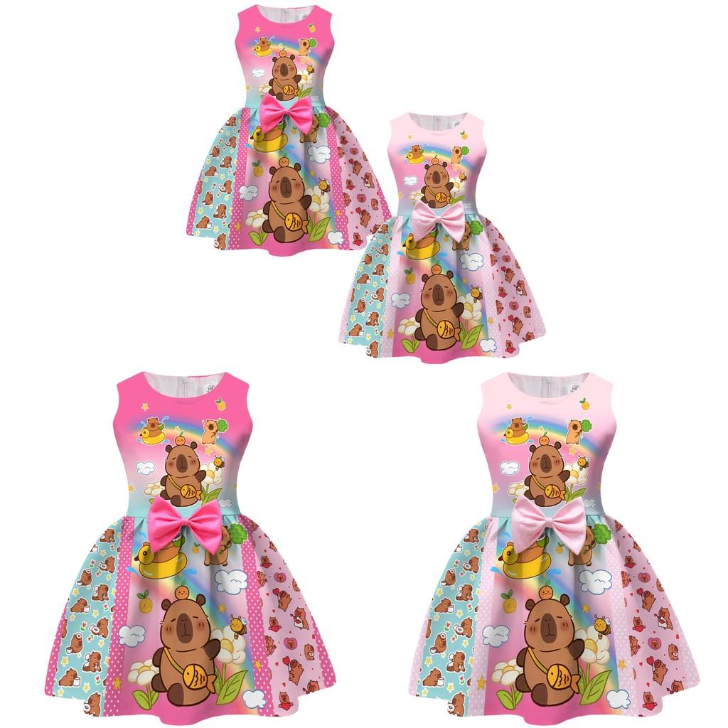 Vestito per Bambina Cartoon Capibara con Gonna Pieghettata in Misto Cotone per Età da 3 a 8 Anni