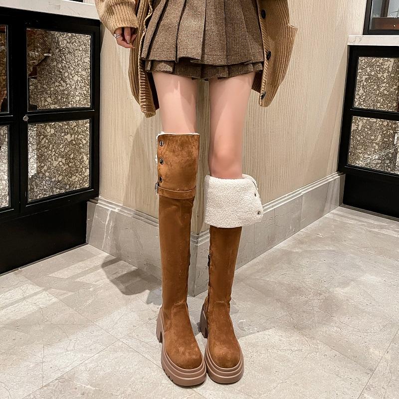 2025 Winter Velvet Warm Knee Boots Women's Retro Lapel Knight Boots Thick Heel Thick Sole Long Snow Boots