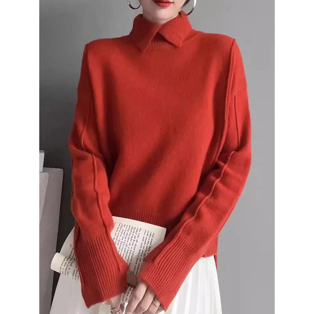 WTEMPO Women Casual Versatile Turn-down Collar Sweater Tops Office Lady Autumn Winter Large Size Solid Color Knitted Pullovers