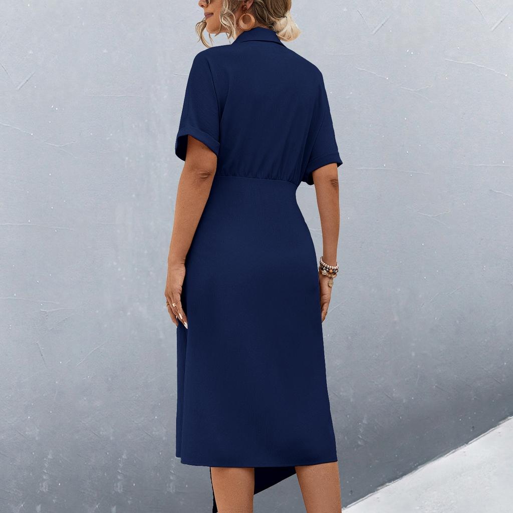 QICED Jednobarevný potisk jaro léto dámské zavinovací šaty s krátkým rukávem s výstřihem do V