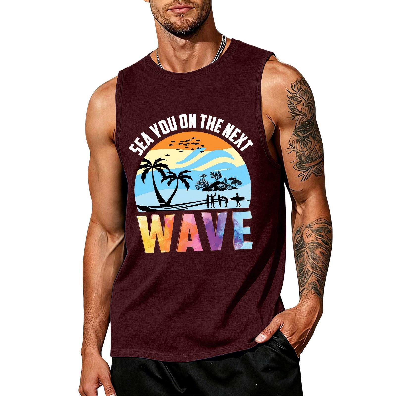 

Mens Sleeveless Tank Top Crew Neck Casual Fit Surfer Print Lightweight Summer Beach Shirt for Outdoor Sports Fitness XXXXL винний