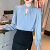 Mode 2025 Frühling Blusen Shirts Langarm Oansatz Büro Dame Schwarz Blau Chiffon Bluse Shirt Frauen Tops J757