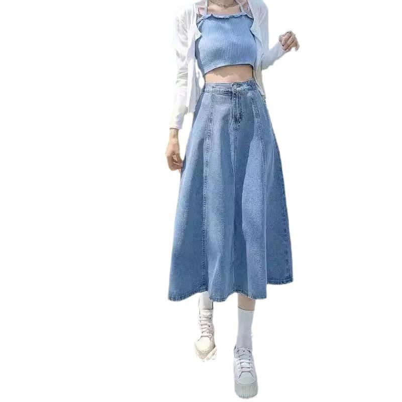Women's High-Waisted Denim A-Line Midi Skirt, Slimming Fit, Petite to Plus-Size, Perfect for Spring and Summer.