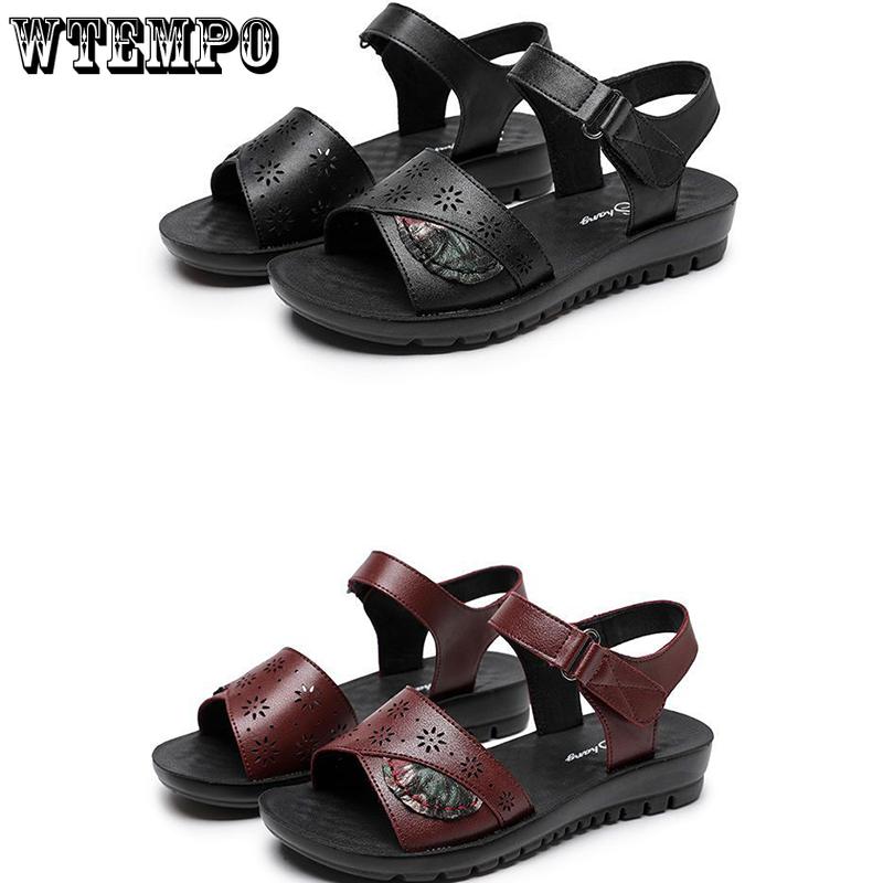 Damensandalen aus Leder mit weicher Sohle, Mama-Schuhe, Sommermode, bequeme Schuhe, flache, rutschfeste Sandalen mit dicker Sohle, mittleres Alter, PU-Material