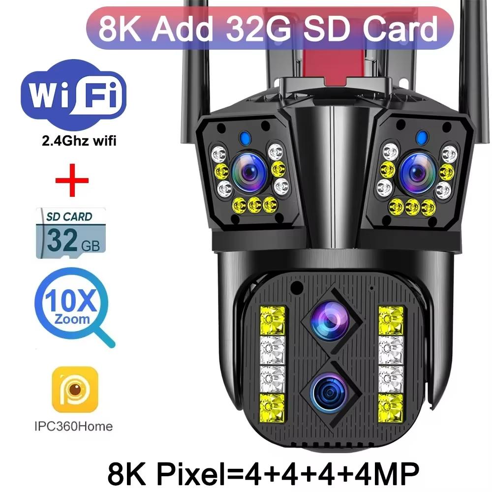 Outdoor WIFI IP Kamera 16MP 8K HD 10X Optischer Zoom Automatische Tracking PTZ Vier Objektiv Drei Bildschirm Wasserdichte Überwachungskamera CCTV