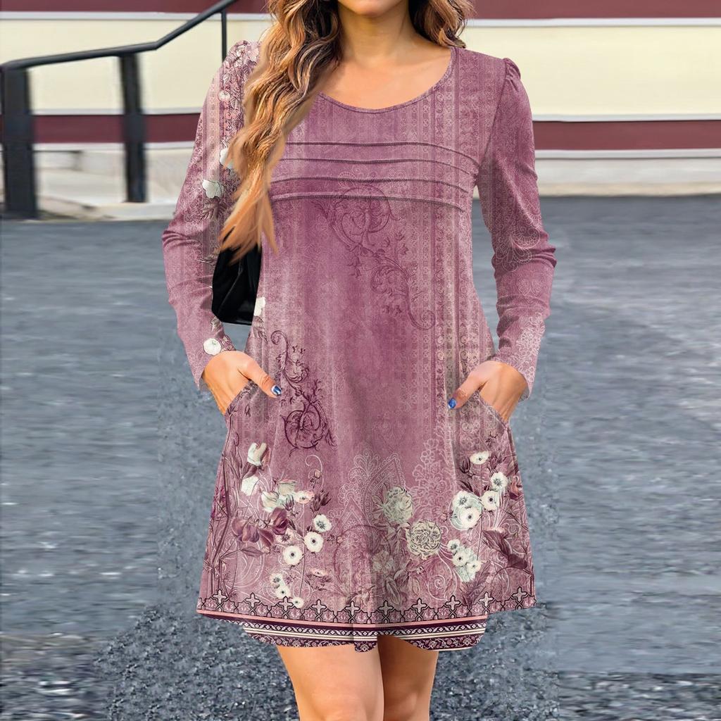 Women's Long Sleeve Dress Fall Casual T Shirt Loose Fit Pleated Front Dresses With Pockets