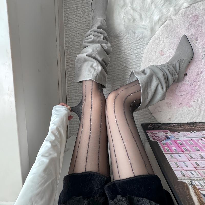 

Gray Retro Stockings, Thin Silver Silk Jacquard Does Not Drop The Gear, Pure Desire, Spice Girl, Vertical Stripe Leggings, Women S Spring, Summer And one size чорний