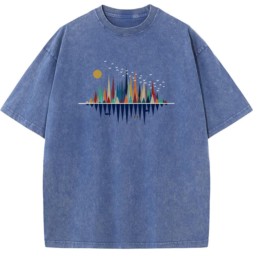 Men's Retro Geometric Happy Natural Washed T-Shirt Cotton Vintage Bleached Tshirt Tops Casual Loose Bleach T shirt