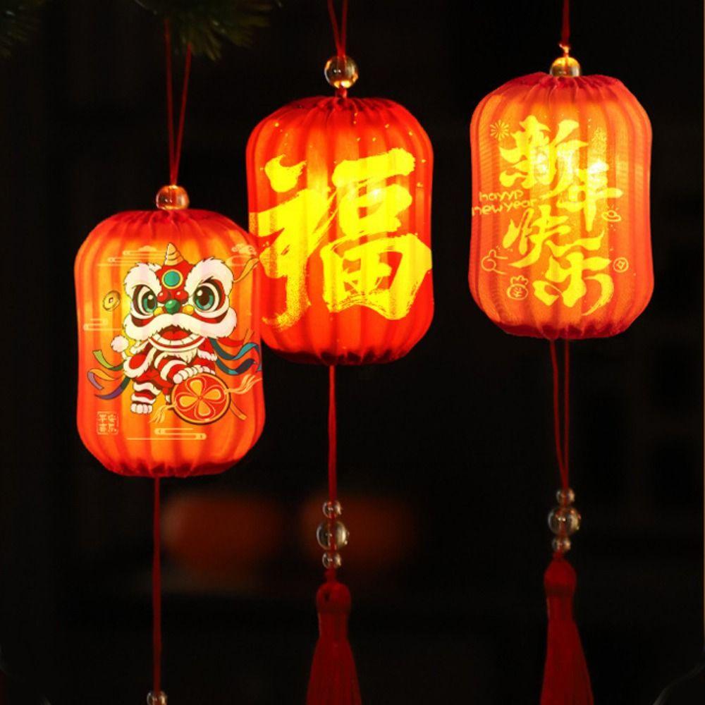 Fu 2026 Horse Year New Year Lantern Red Chinese Style Handheld Lantern Tassel Glowing Lantern Hanging Ornament Outdoor Decor