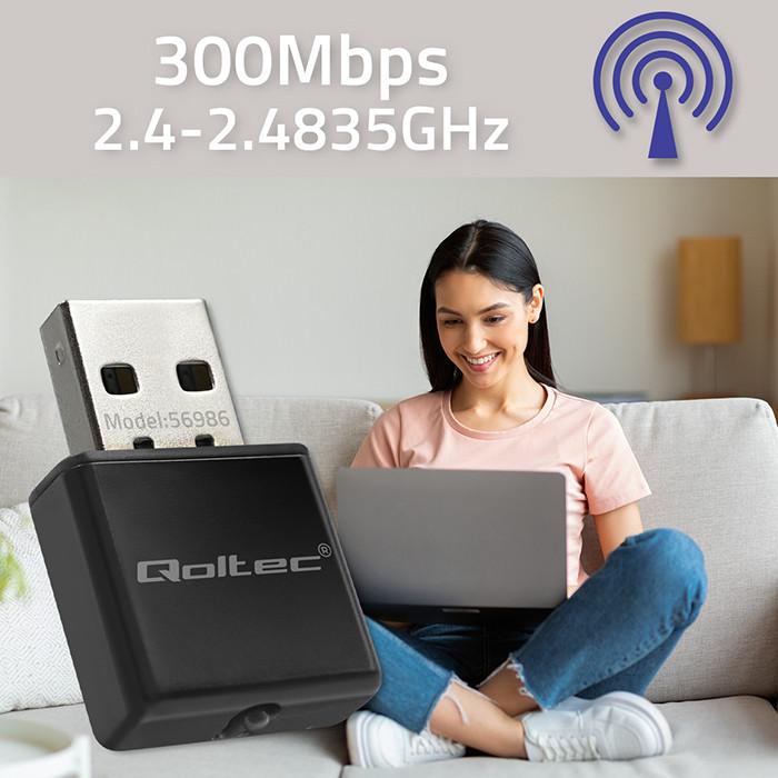 Qoltec Karta sieciowa zewnętrzna | Ultra szybki mini adapter NANO Wi-fi | Standard N | USB 2.0 | 300Mb/s | 2.4GHz
