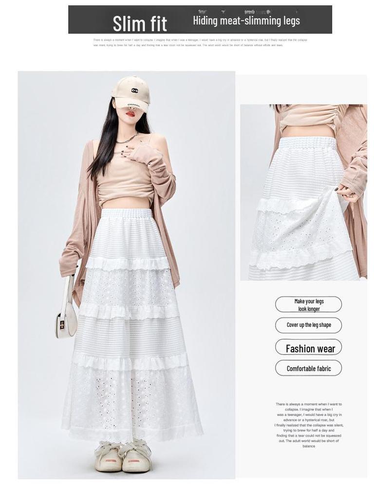 2024 Frühling Damen High-Waist Weiß A-Linien Kuchenrock mit floralem Spitzendesign