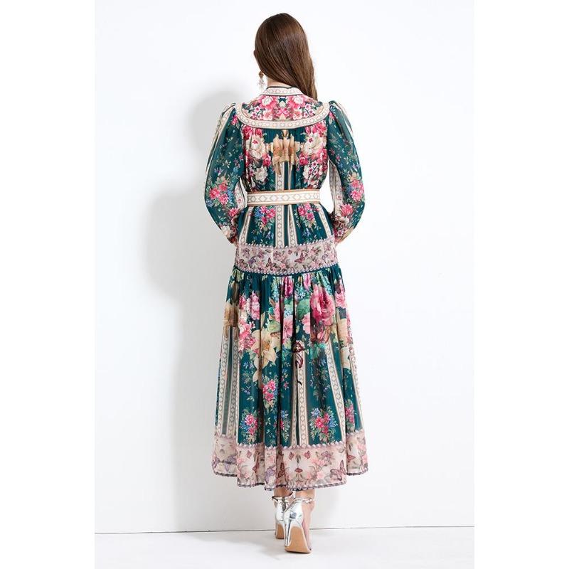 Summer Autumn Women V-neck Vintage Print Chiffon Runway Dress Single Breasted Long Maxi Oversize Vacation Beach Dresses with Belt