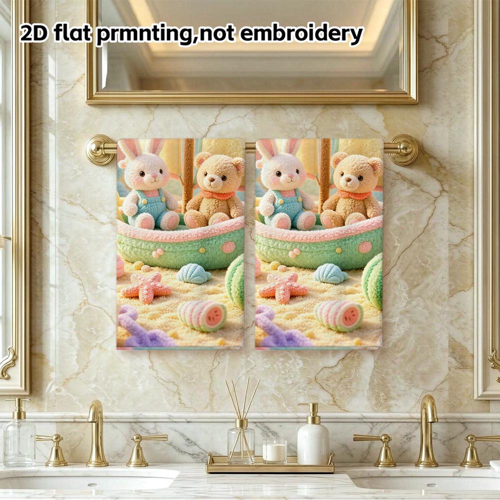 Bunny Bear Sailboat Beach Print Towel, Soft Absorbent Kids Bath And Swimming Towel