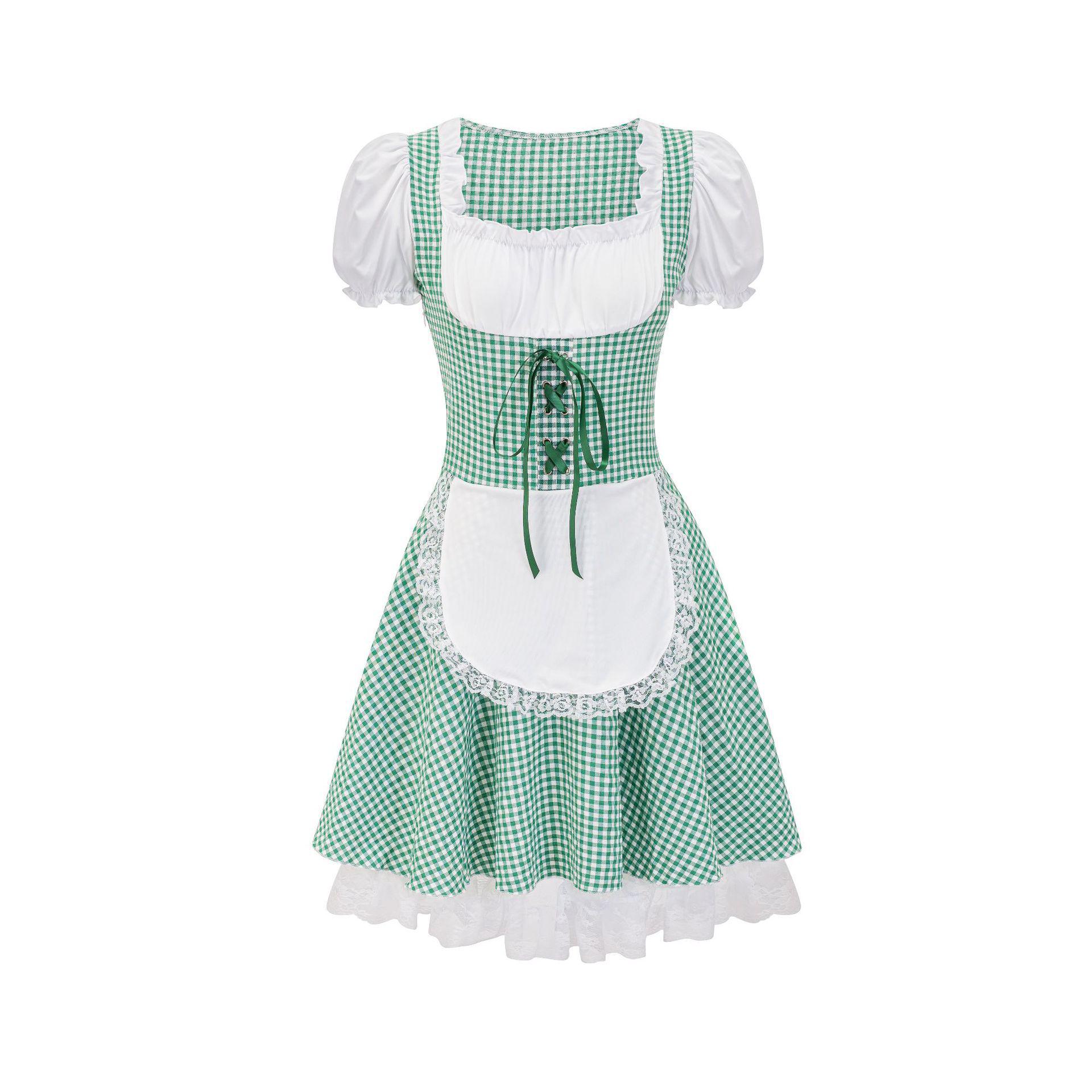

2025 Munich Beer Festival Traditional Plaid Dress - Tavern Maid Outfit L зелёный