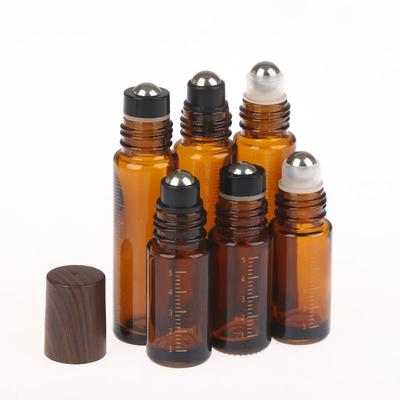 5Ml 10Ml Amber Clear Glass Roll On Bottles Plastic Wood Grain Cap Sample Roller Ball Vials For Essential Oil Perfume