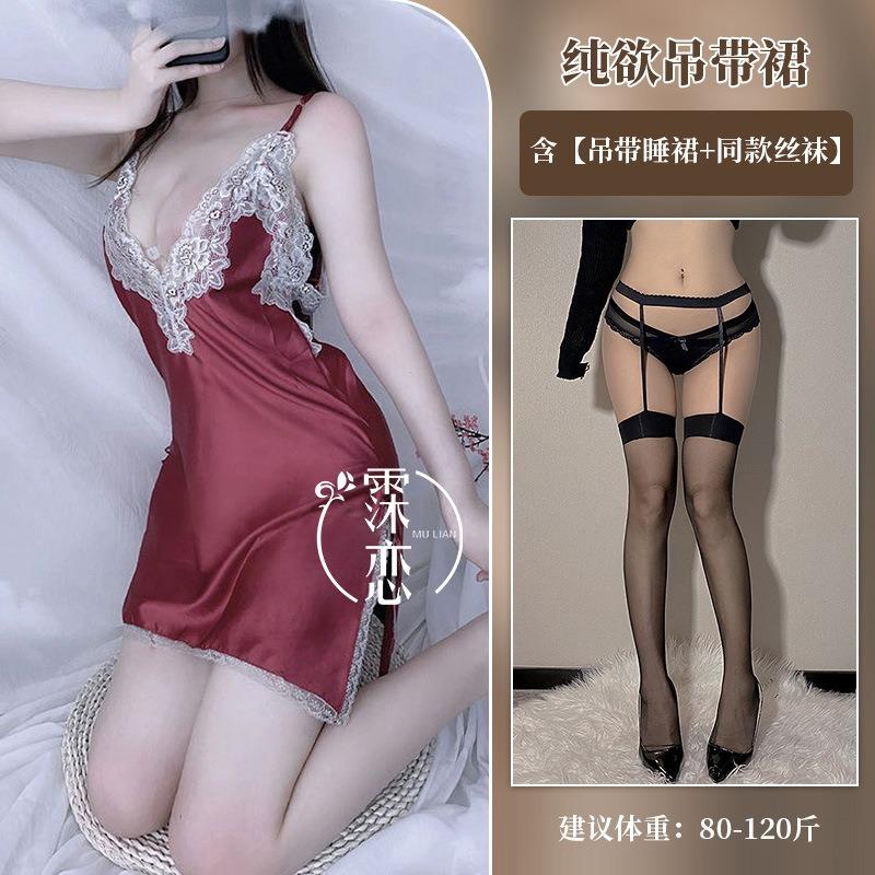 Sex underwear hollow lace suspender burgundy pure desire side split bow sexy hot
