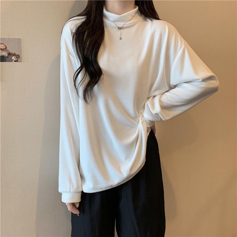European & American Style Women's Velvet Bottoming Shirt - Autumn/Winter, Thick, Loose Half-High Collar, Long-Sleeved, Warm Plus Velvet T-shirt
