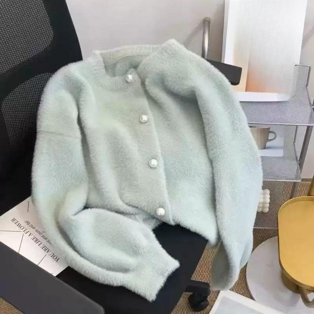 Herbst und Winter Weicher Klebriger Mintgrüner Imitat Nerzfell Pullover Strickjacke Damen Design Sinn Nische Lässiges Gestricktes Oberteil Jacke