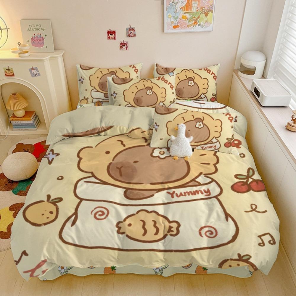 Motivo capibara dei cartoni animati, Set di biancheria da letto in microfibra, Biancheria da letto per bambini con cerniera, Decorazione per la stanza, Copripiumino per adolescenti e adulti, Set da 3 pezzi