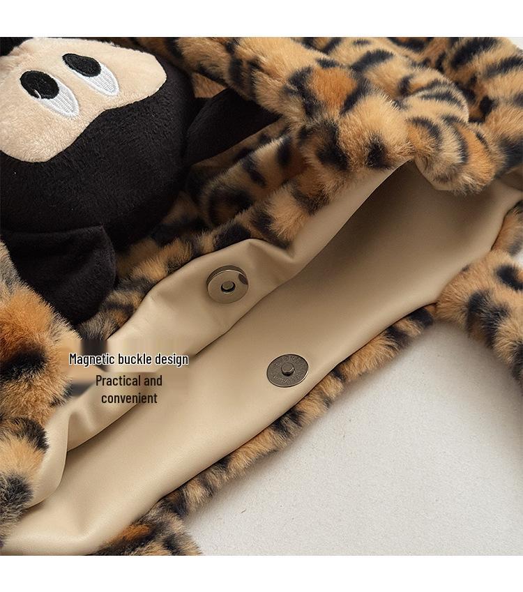 2025 Women's Large Fluffy Leopard Print Shoulder Tote Bag