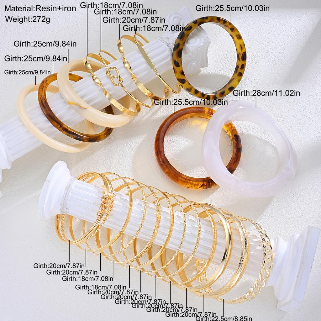 21 Pcs Fashion Geometric Wide Bangle Set for Women Retro Elegant Minimalist Gold Color Metal and Leopard Print Resin Bracelets