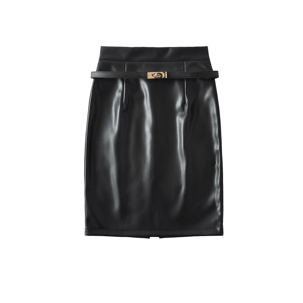 Sleek PU Leather High-Waisted Short Skirt with Waistband - Sexy, Hip-Hugging Design for Autumn/Winter