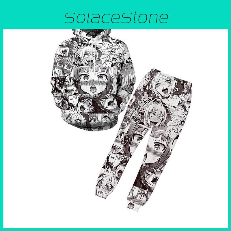 Ahegao Anime Face Hoodie And Pants Creative 3d Printed Jogger Suit For Men And Women