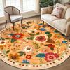 Boho Floral Black Round Area Rug Colorful Folk Art Flower Butterfly Circle Rug for Living Room Bedroom Hallway Decor