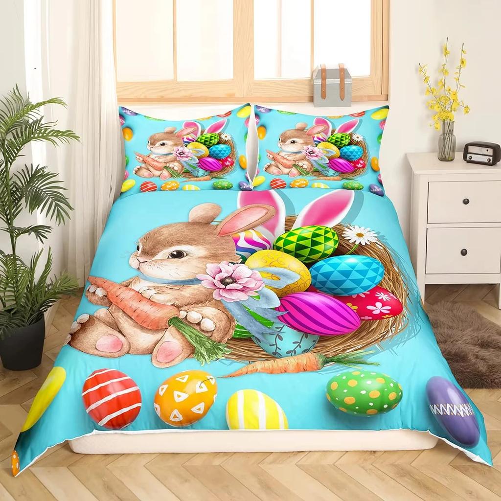 Easter Decor Rabbit Duvet Cover Colorful Flowers Bedding Set Girls Kids Room Kawaii Decor Easter Gifts Comforter Cover 2/3 Pcs