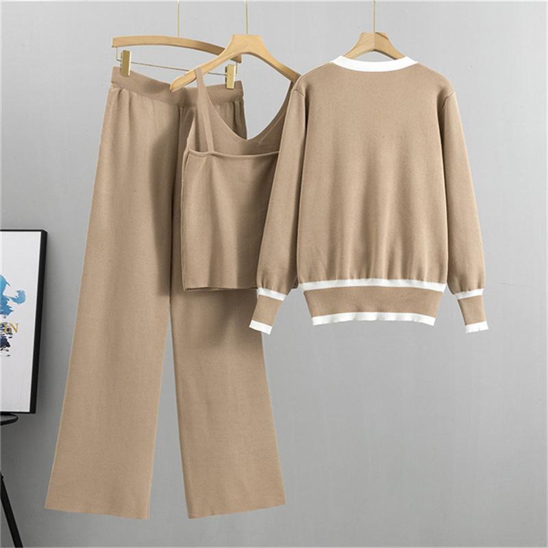 Autumn And Winter Women's Knitted Suit Cardigan Camisole Wide Leg Pants Suit