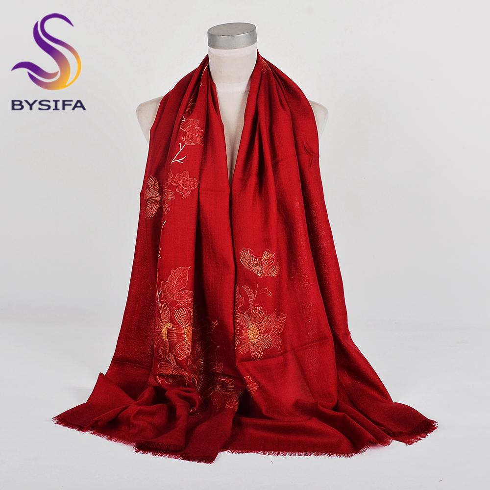[BYSIFA] New Women 100% Wool Scarves Shawls Embroidered Fall Winter Solid Black White Ladies Long Scarves Hijabs Neck Scarf Wrap
