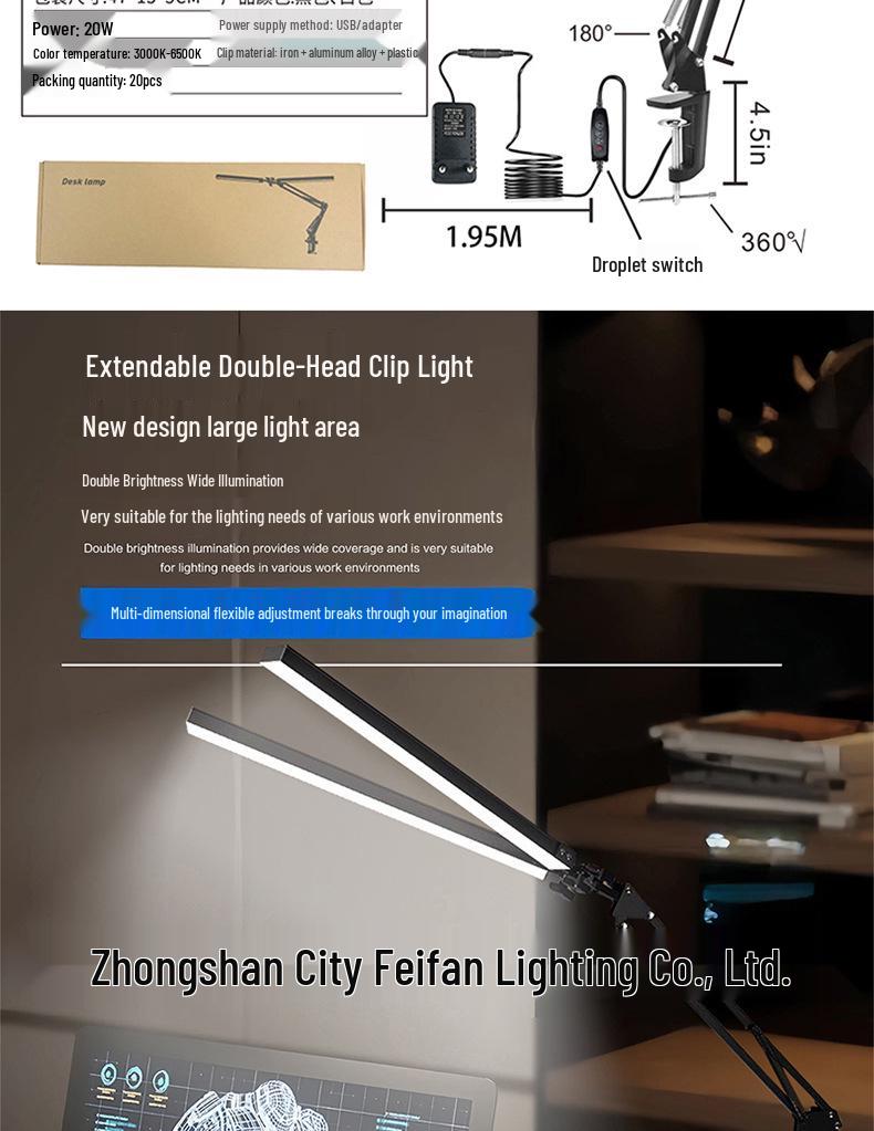 American Double Head Folding Table Lamp: Long Arm Desktop USB Lamp for Tattoo, Beauty, Manicure, and Office
