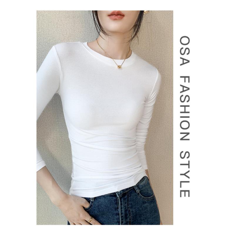 Front shoulder long sleeve T-shirt women s autumn and winter curved hem pleated waist thin versatile bottoming shirt inner top S белый