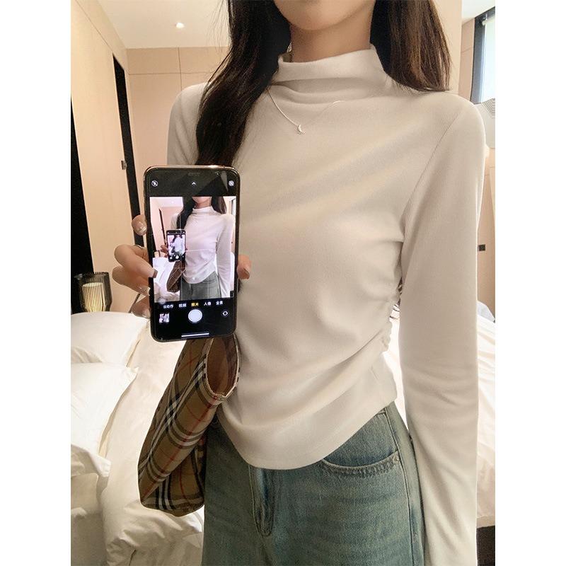 Semi-turtleneck Card Waist Pleated Top Women's Spring Double-sided Abraded Warm Inner Long-sleeved T-shirt Bottoming Shirt