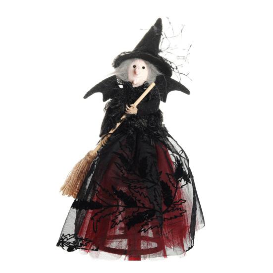 Halloween Witch Doll with Broom Small Witch Figurine with Gauze Skirt Spooky Table Centerpiece for Home Bedroom Desktop Decor