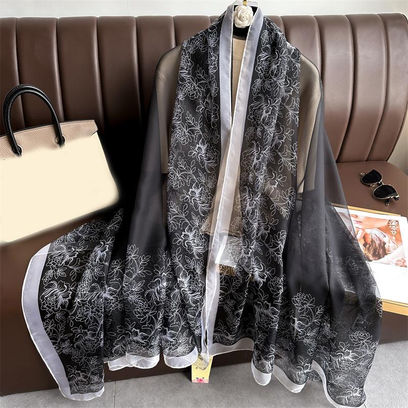 Light luxury simulated silk pattern scarf, silk scarf, commuting sunscreen, soft yarn scarf, large size fashion temperament shawl