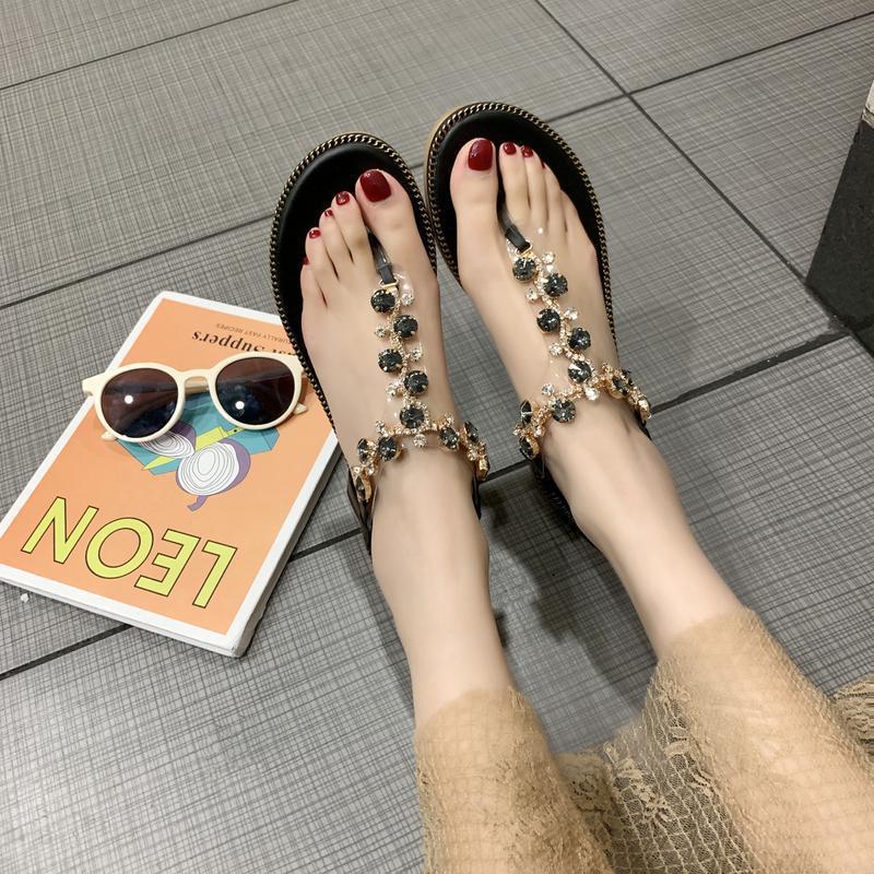 Zehensandalen Damen 2025 neu Sommer vielseitig Koreanische Version flache Zehensandalen Damenmode strahlende Diamanten Strandschuhe Damen