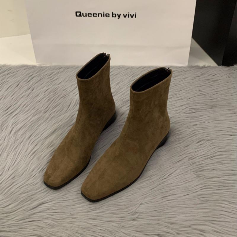 Coarse Heel Suede Small Ankle Boots Square Head Skinny Boots Women's Shoes Autumn and Winter Fleece Brown Martin Boots