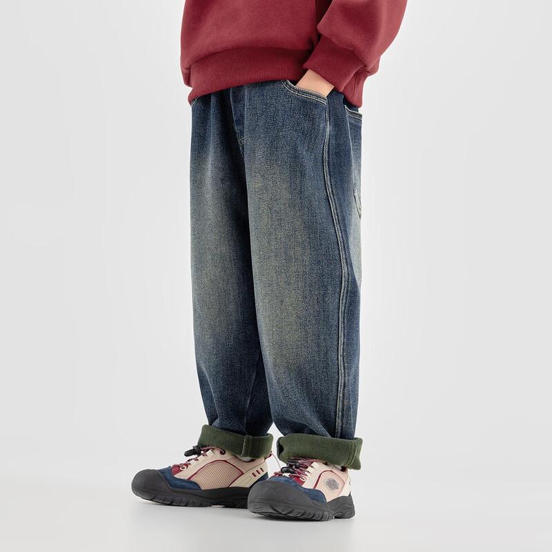 Boys' Vintage American-Style Embroidered Fleece-Lined Denim Harem Pants