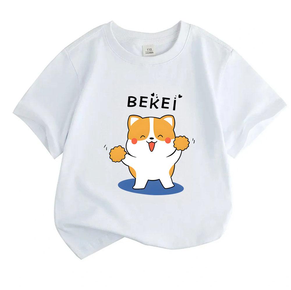 Cute Cheering Corgi Graphic Kids 100% Cotton T-Shirt, Unisex Boys Girls Round Neck Short Sleeve Casual Soft Tee for Daily Wear Cheerful Animal Pattern