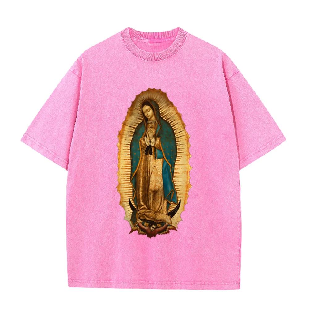 2026 Vintage Washed Black Our Lady Of Guadalupe Graphic T Shirt Retro Religious Portrait Oversized Casual Short Sleeve Tee