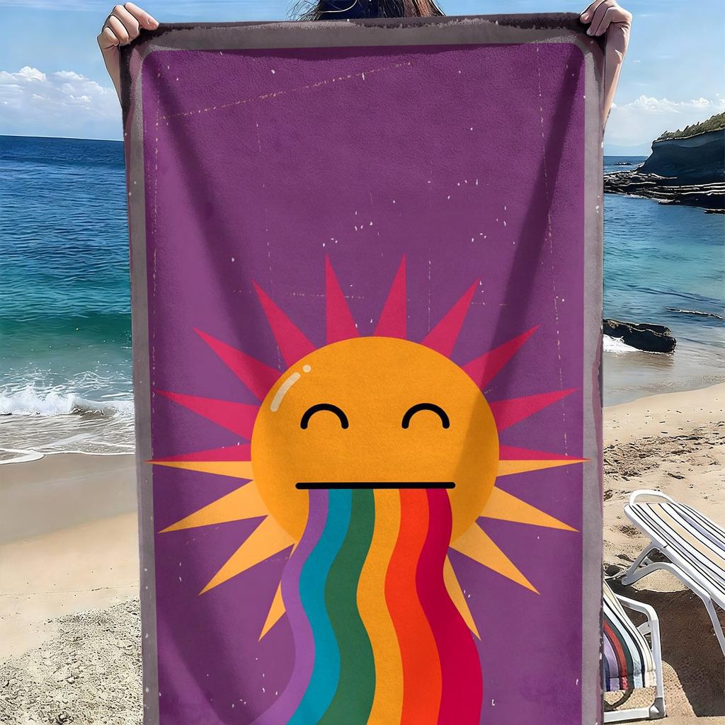 Cartoon Sun and Rainbow Pattern Polyester Microfiber Beach Towel Is Highly Absorbent, Suitable for Swimming and Beach Outings