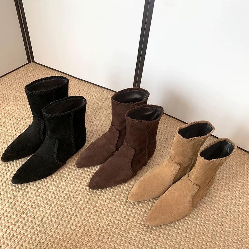 Sheepskin Version~ Niche Matte Suede String Rope Tip Inner Height Increase Western Cowboy Boots Women's 2025 Short Boots Thin Boots